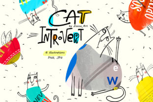 Cat Introvert - 6 Illustrations: Cool Modern Design Assets